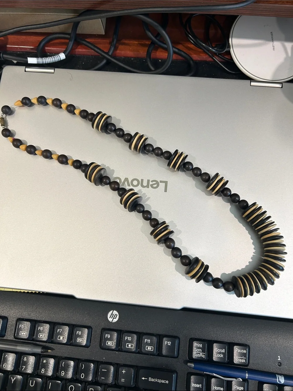 Beaded Men’s Necklace with Black and Cream Accents. 26 inches